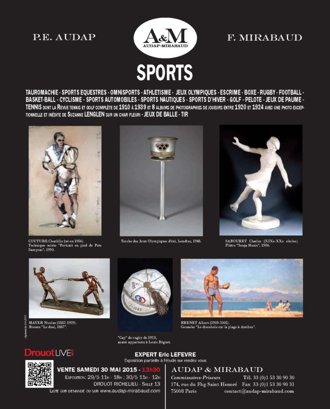 Vu dans la Gazette Drouot : annonce de la vente aux enchères SPORTS le 30 mai 2015 Audap et Mirabaud Vu dans la Gazette Drouot : annonce de la vente aux enchères SPORTS le 30 mai 2015 Audap et Mirabaud